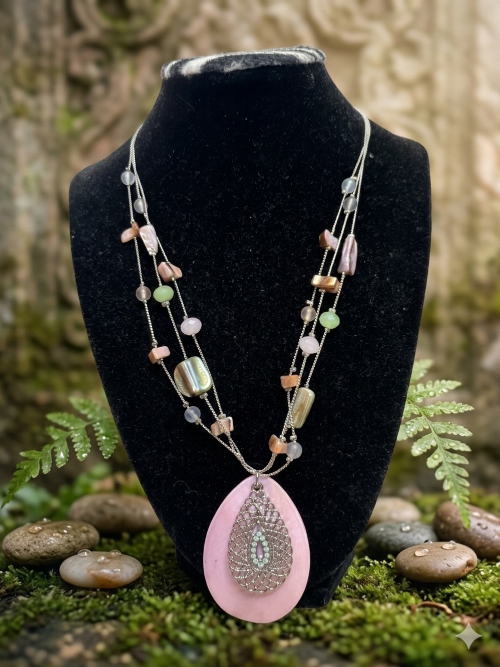 Handmade pink pendant with broken shells